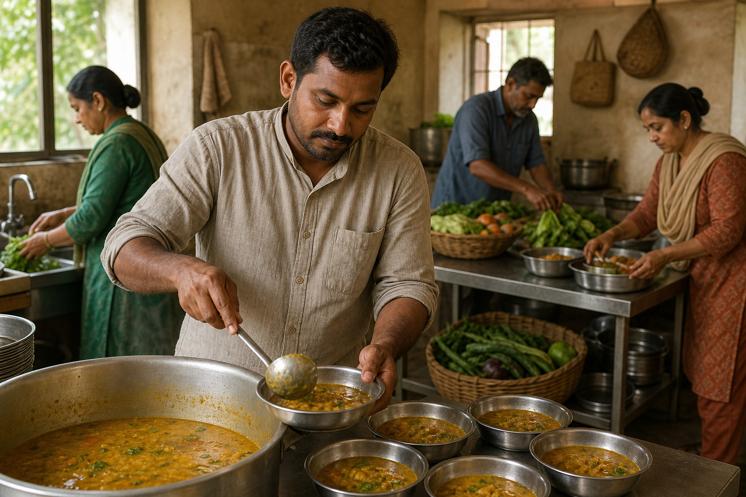 Volunteers prepare and portion food together in a simple community kitchen.
