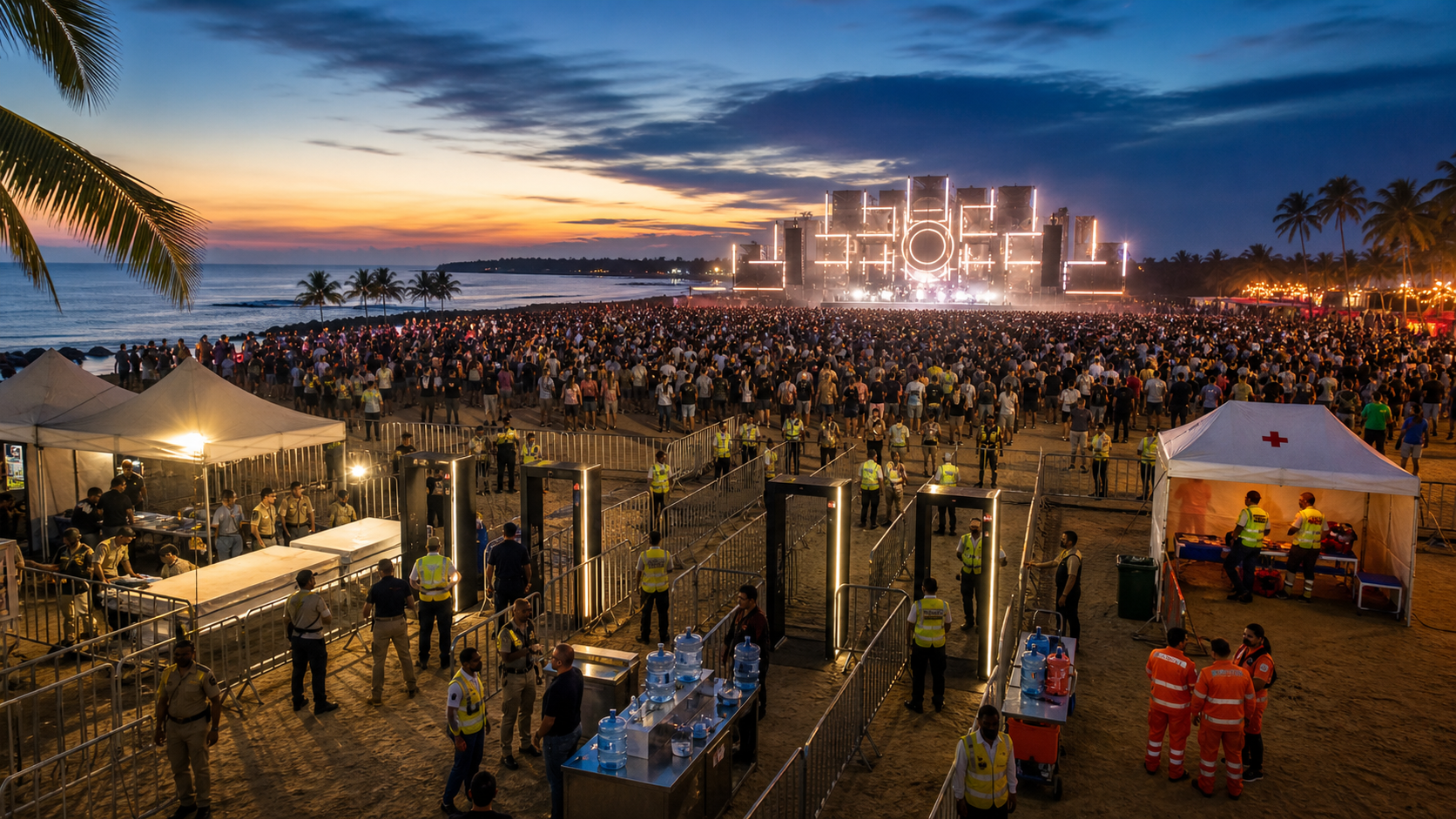 A large coastal music festival at dusk with an orderly crowd, security lanes, barriers, a first-aid tent, water stations, and emergency personnel.