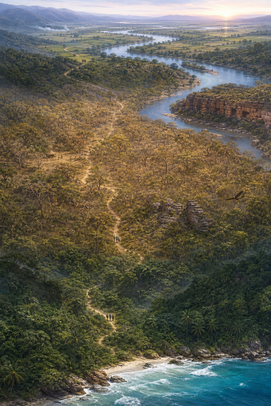 A continuous north-to-south landscape changes from river plain to wooded hills, dry forest, southern highlands, and tropical coast as three travelers follow a winding route.