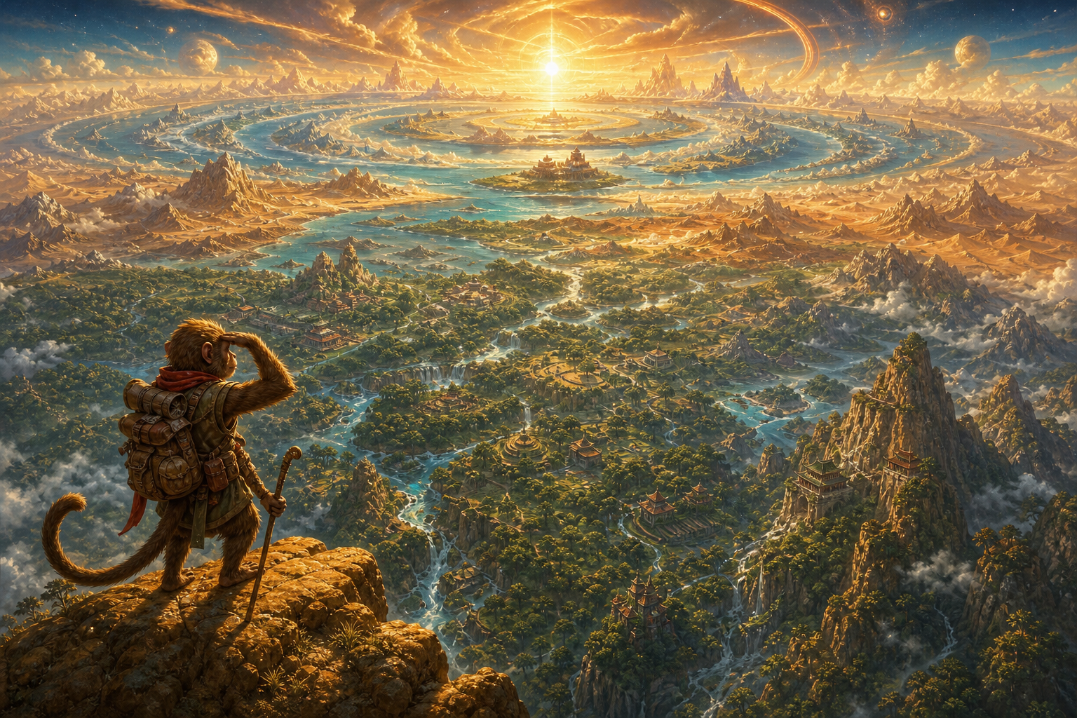 A monkey scout surveys forests, rivers, mountains, coasts, and distant islands from a ridge as the outer horizon widens into luminous cosmic seas and mountains.