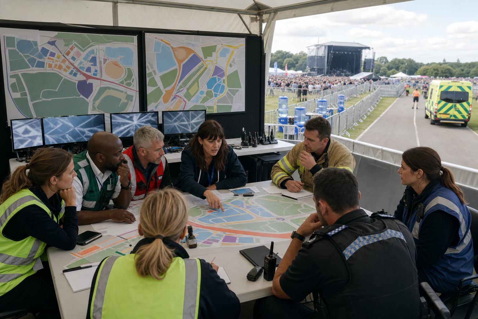 Festival organizers, medical responders, police, and fire-safety staff coordinating inside an event operations tent overlooking crowd lanes and an ambulance route.