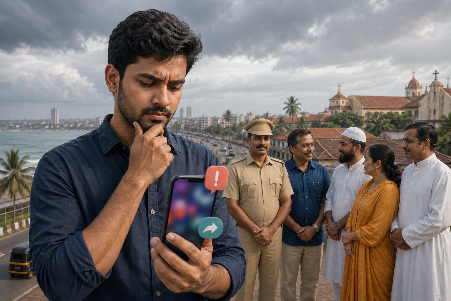 A Mangaluru resident holds a smartphone while a police officer and neighbors stand peacefully against a coastal city backdrop.