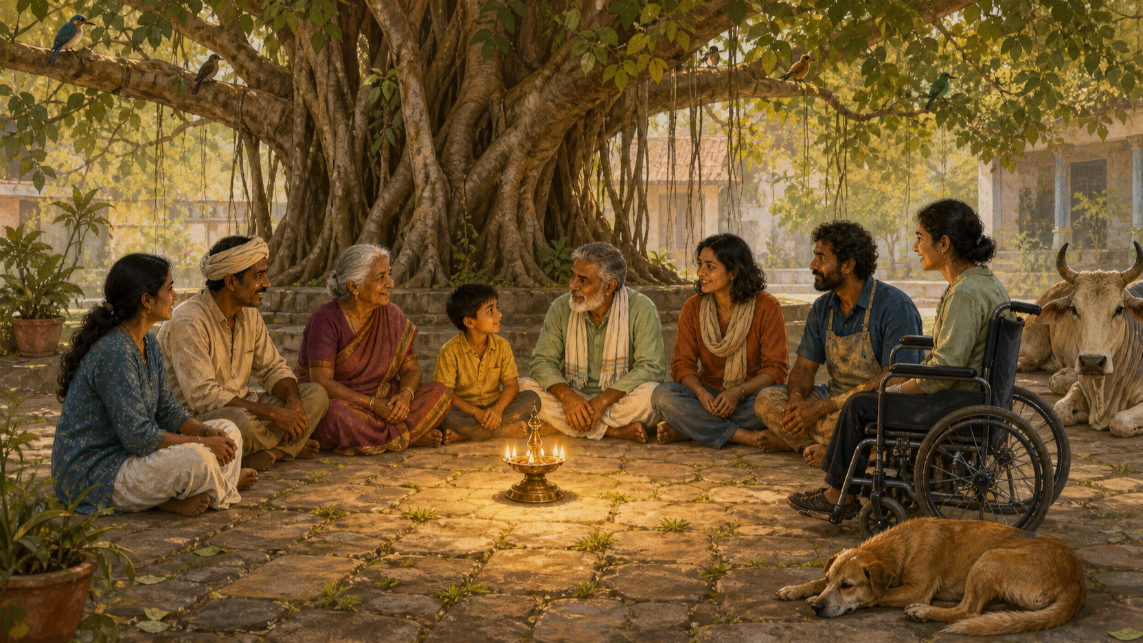 People of different ages and abilities sit in an equal circle around an oil lamp beneath a banyan tree, with a cow, dog, birds, and plants nearby.