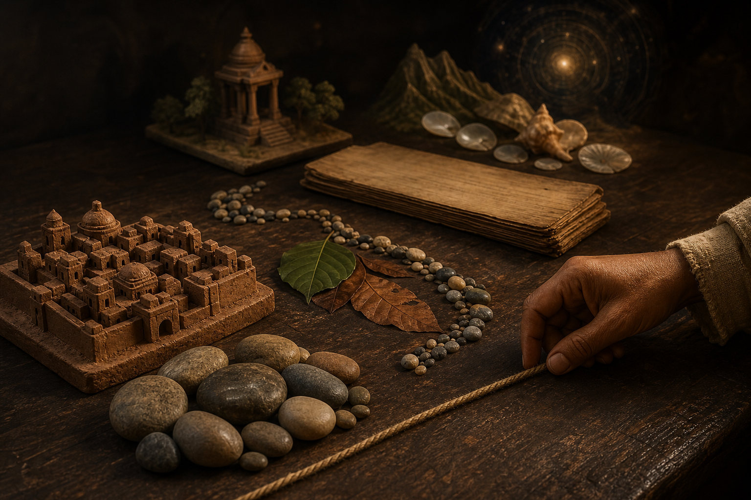 A scholar's hand examines river stones, a clay city, forest leaves, a palm-leaf manuscript, shrine and cosmic models arranged from sharply focused evidence to softly lit symbolism.