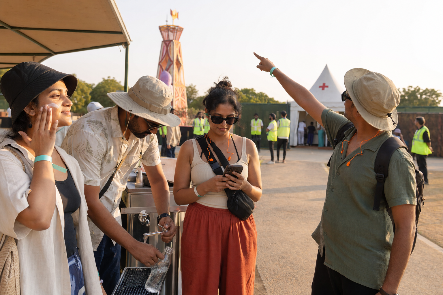 Adult festivalgoers apply sunscreen, refill water, check a phone, and prepare ear protection near a staffed event entrance and first-aid area.