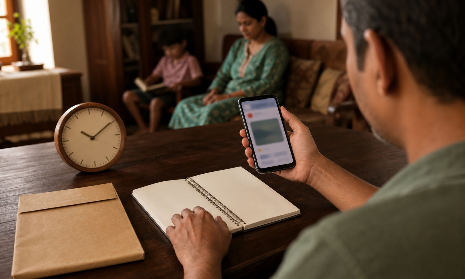 A citizen preserves evidence from an illegible social-media post using a phone, clock, notebook, and evidence folder.