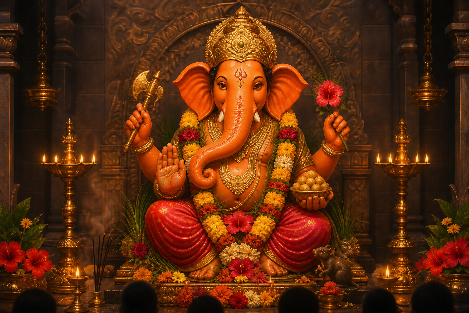 A seated Ganesha murti with a trunk curling toward his own right, surrounded by lamps, flowers, durva grass, and softly silhouetted devotees in a temple sanctum.