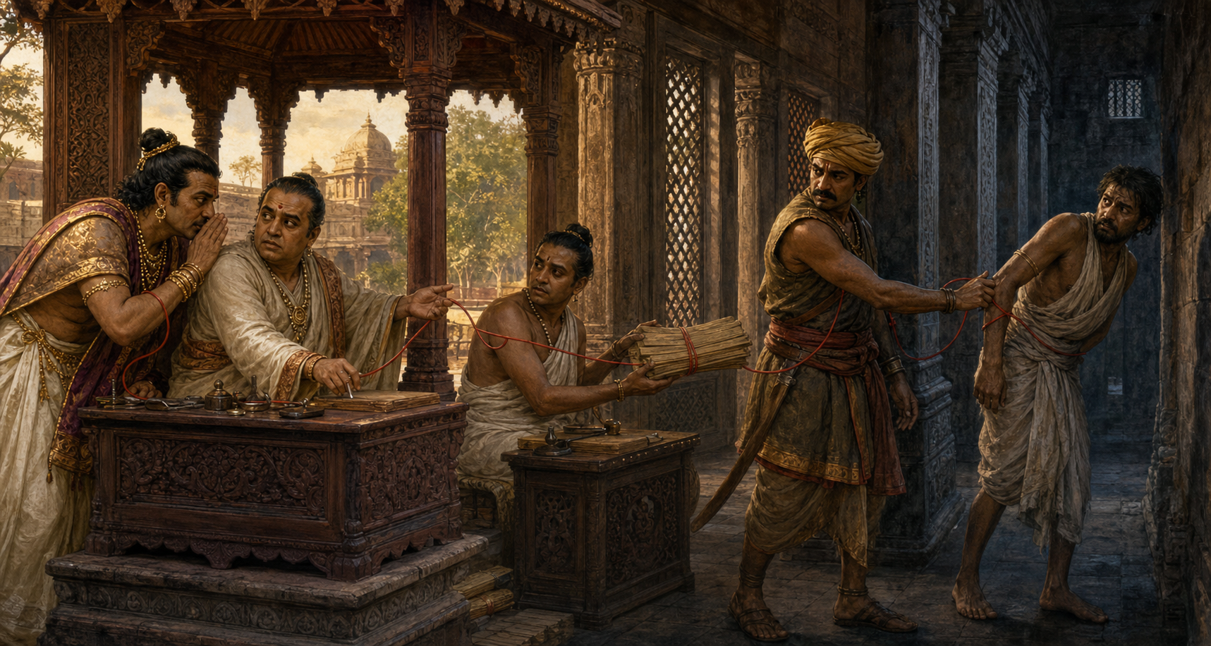 A court favorite passes influence through a magistrate, clerk, and guard until a plainly dressed citizen is detained in a narrowing ancient administrative courtyard.