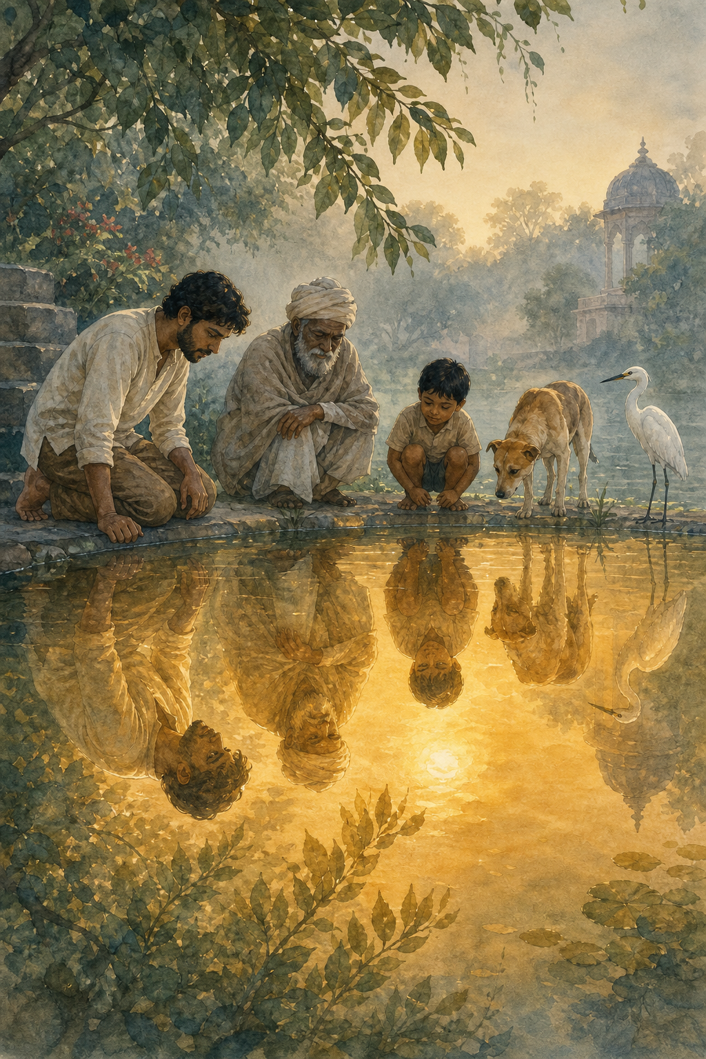 A person kneels beside a pond reflecting several people, a dog, an egret, and tree leaves in the same warm light.