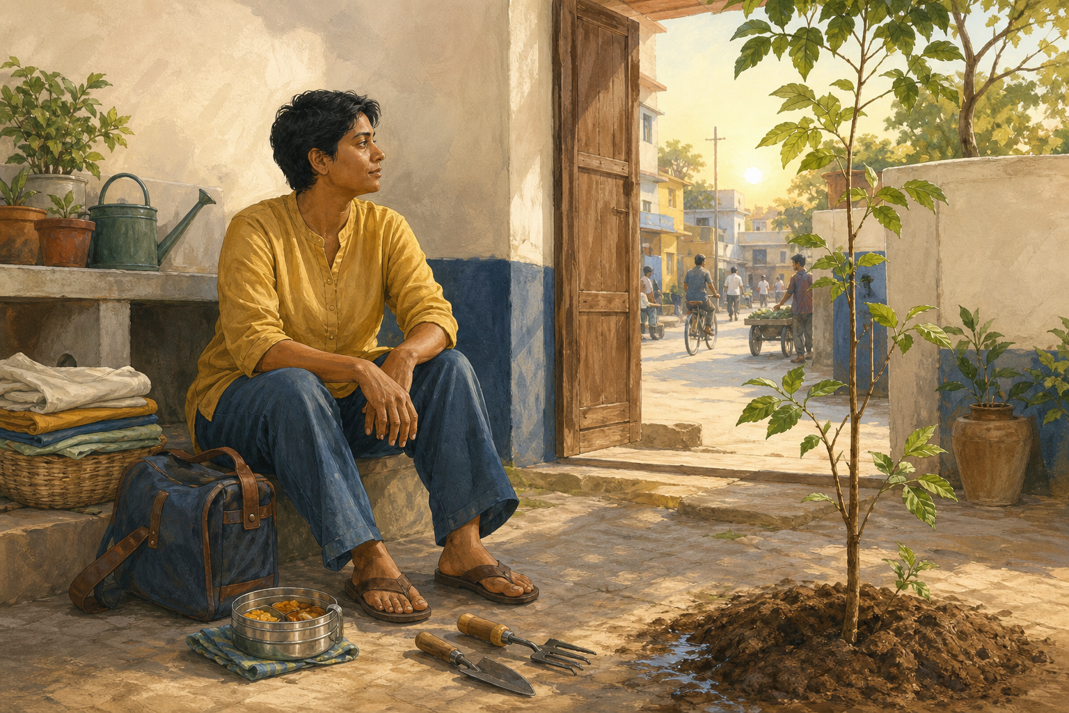 An adult rests briefly in a sunlit courtyard beside a newly tended tree, with work and household items nearby and an active street visible through the doorway.