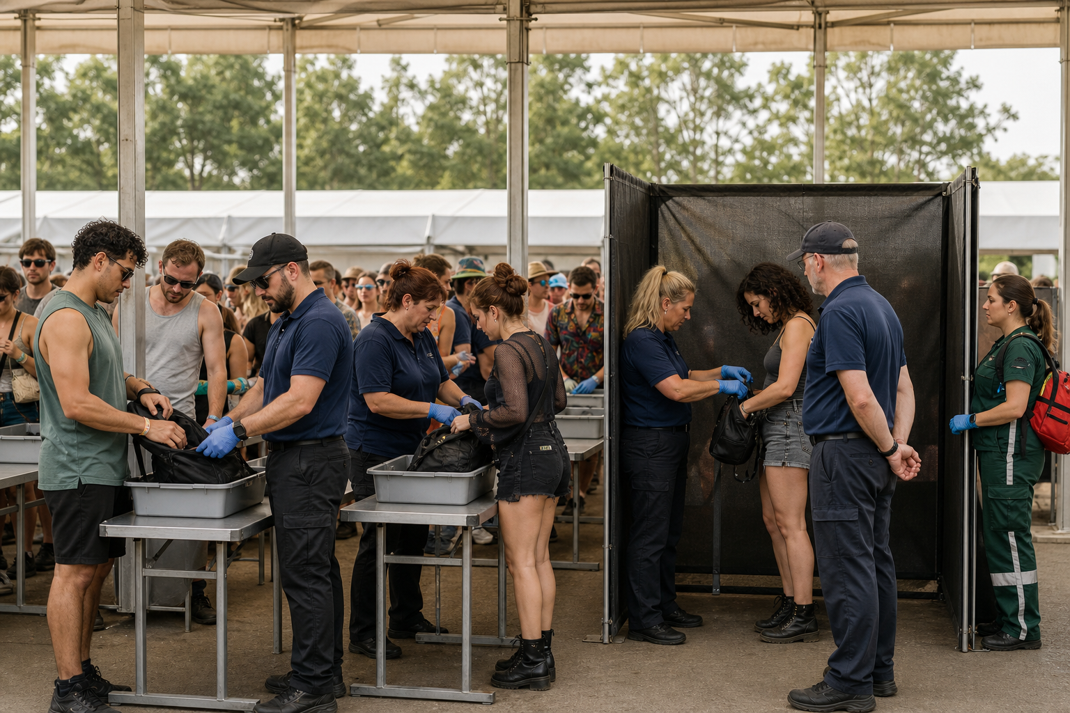 Security staff conduct orderly and consistent bag checks for diverse adult attendees at a festival entrance while preserving privacy and dignity.