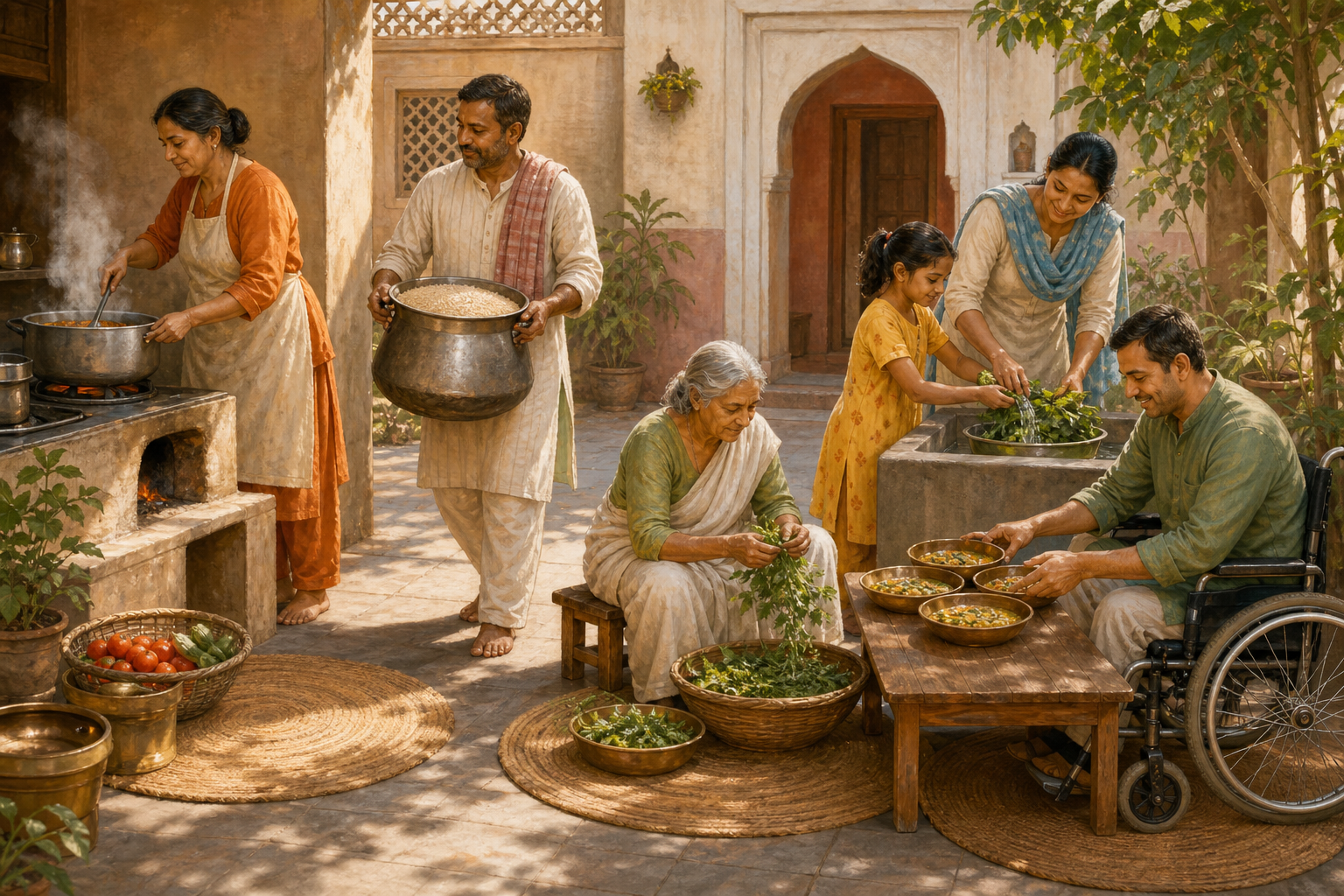 People of different ages and abilities prepare food together in a courtyard, each carrying out a different practical task.