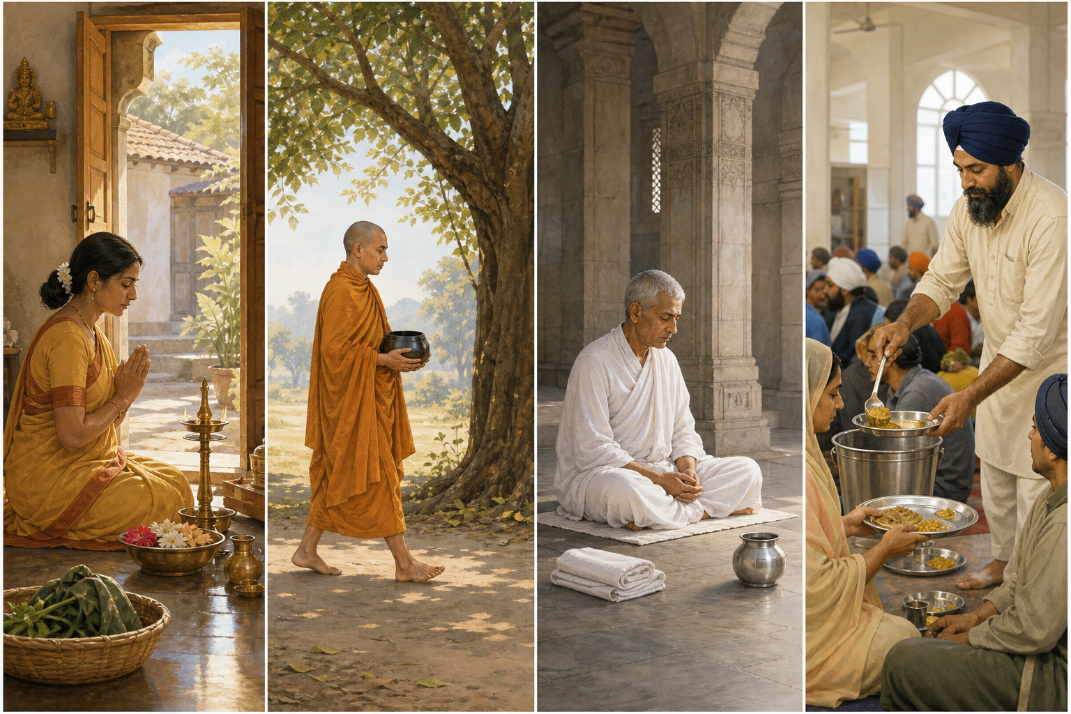 Four equal scenes show a Hindu household observance, a Buddhist monastic carrying an alms bowl, a Jain lay practitioner in quiet reflection, and a Sikh volunteer serving a communal meal.