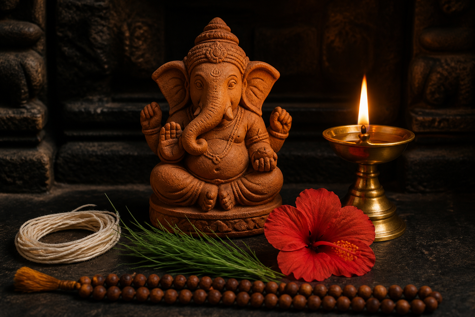 A right-trunk clay Ganesha figure beside a steady oil lamp, prayer beads, sacred thread, durva grass, and a red hibiscus on a stone altar.