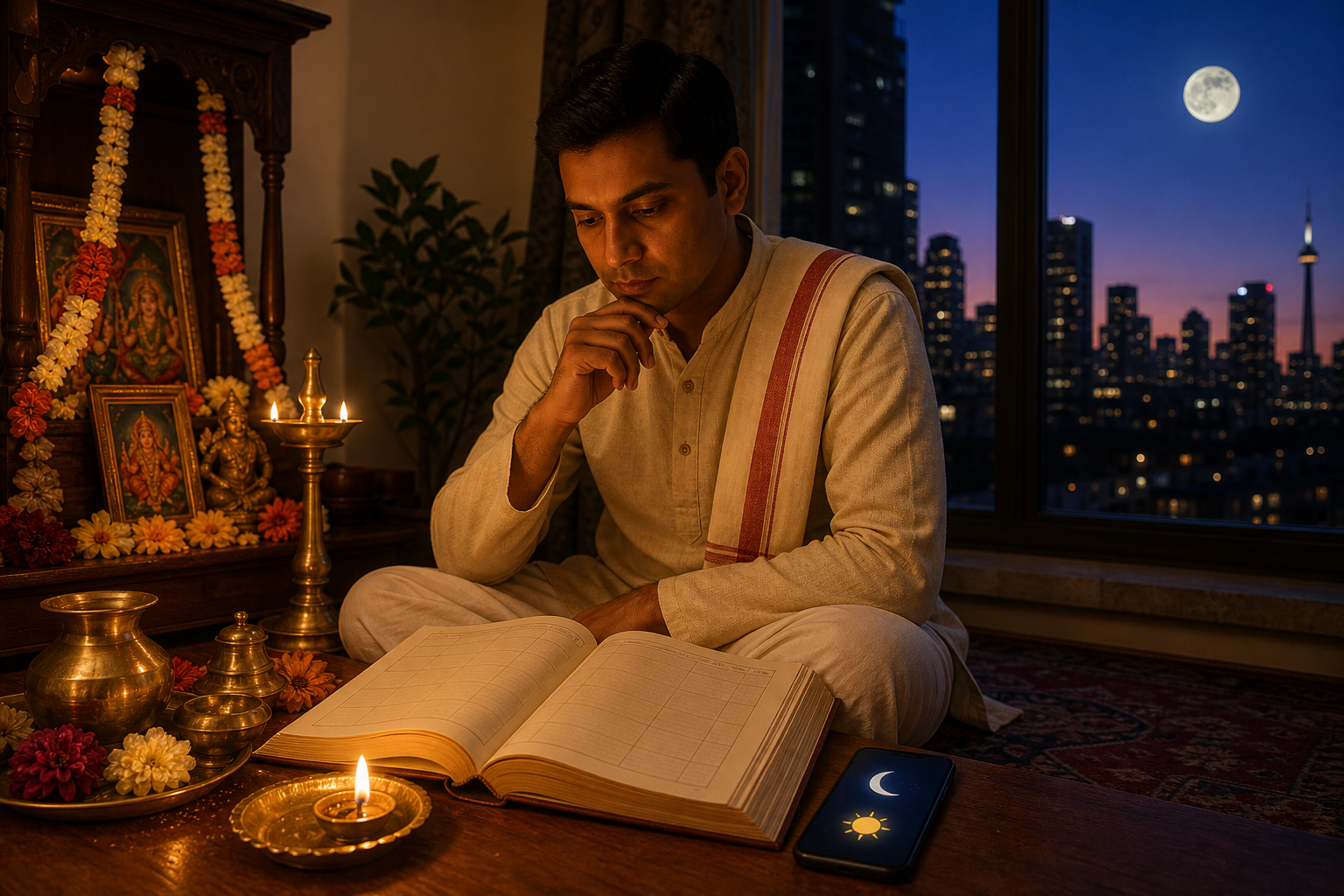 A devotee checks an almanac and a phone beside a home puja altar while the moon rises over a city outside.