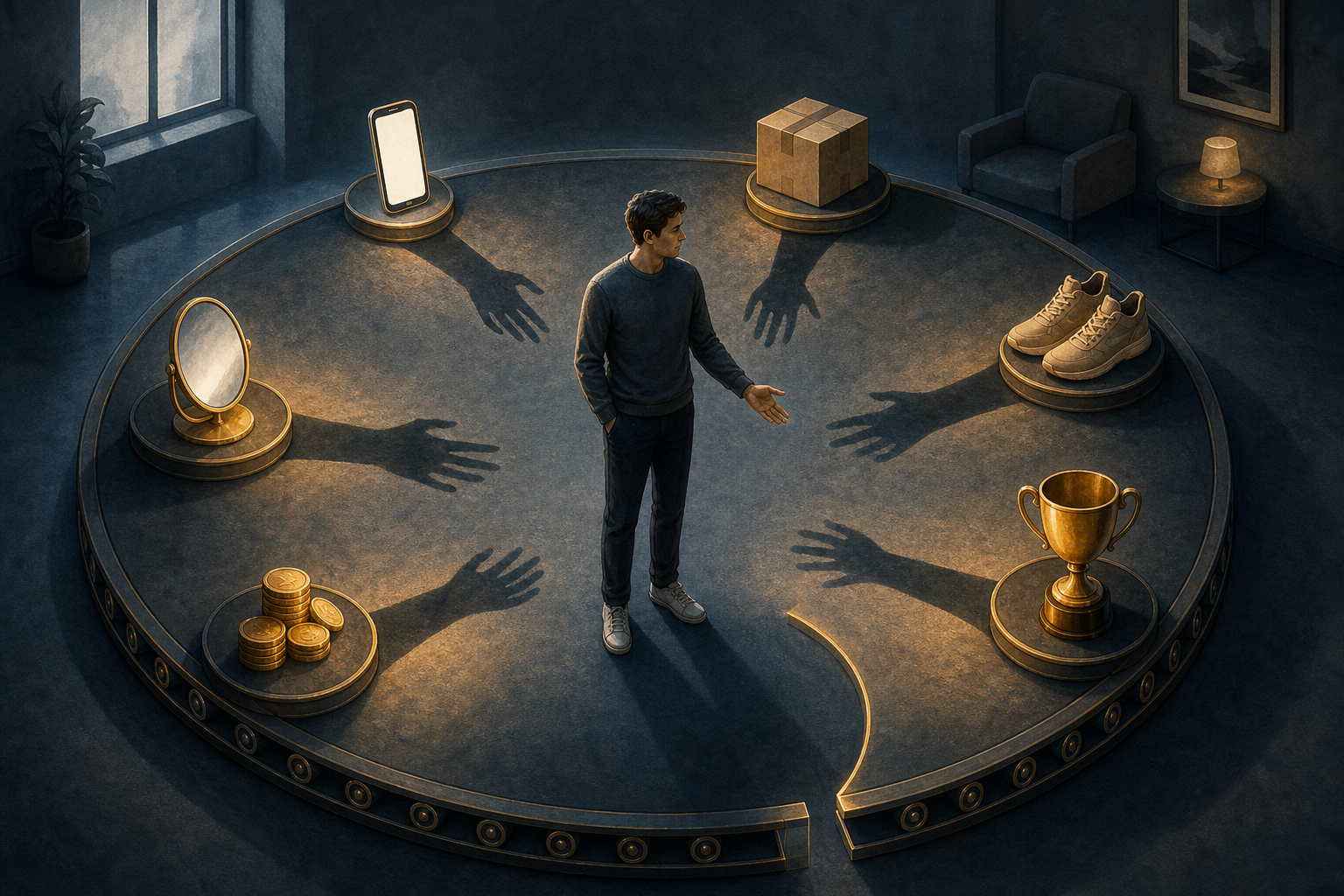 An adult observes a circular conveyor carrying consumer goods, coins, a trophy, and a mirror, while the objects cast shadows shaped like reaching hands.