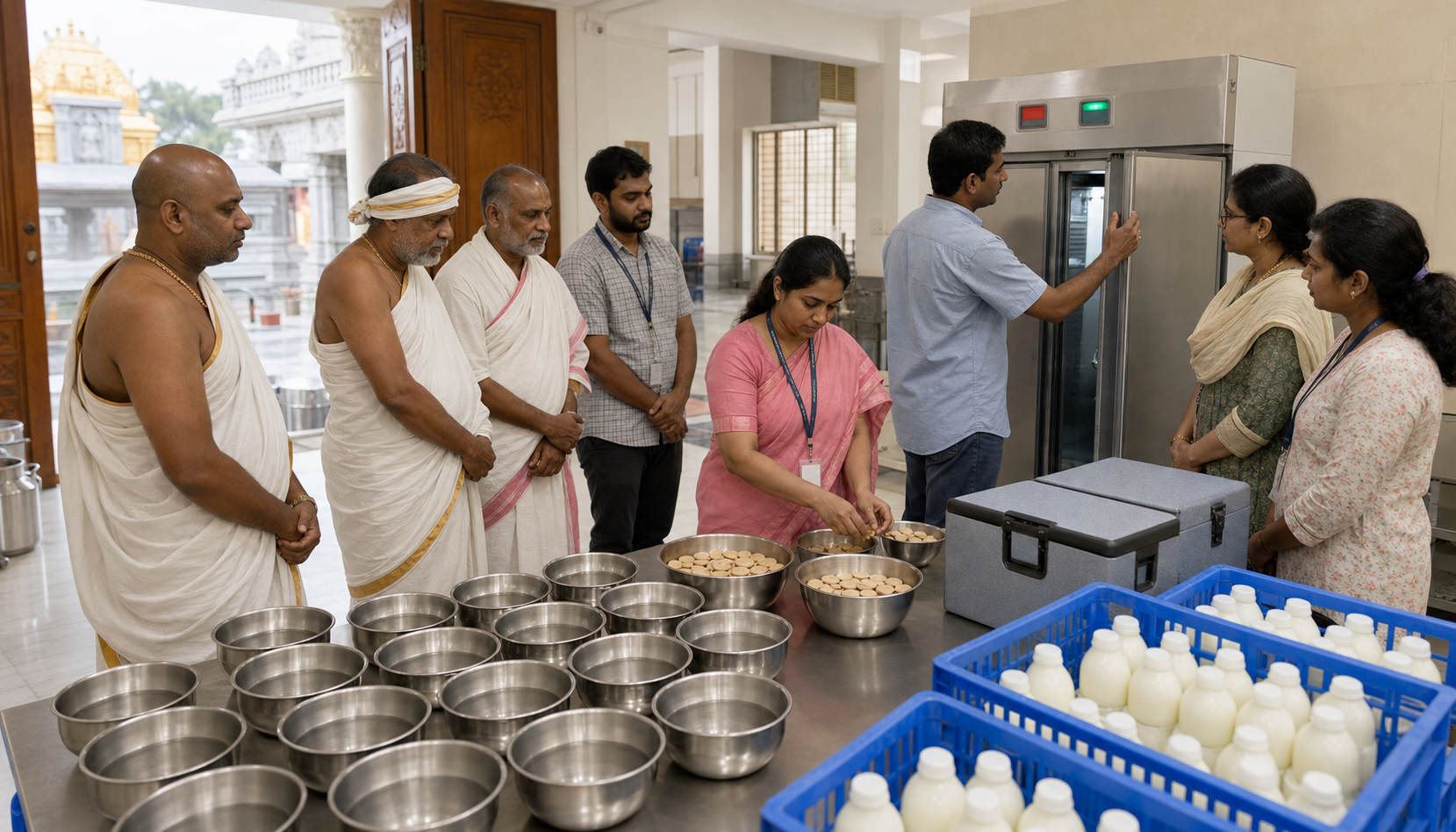 Priests, volunteers, and community members inspect separated milk containers, collection vessels, refrigeration, and redistribution crates at a temple.