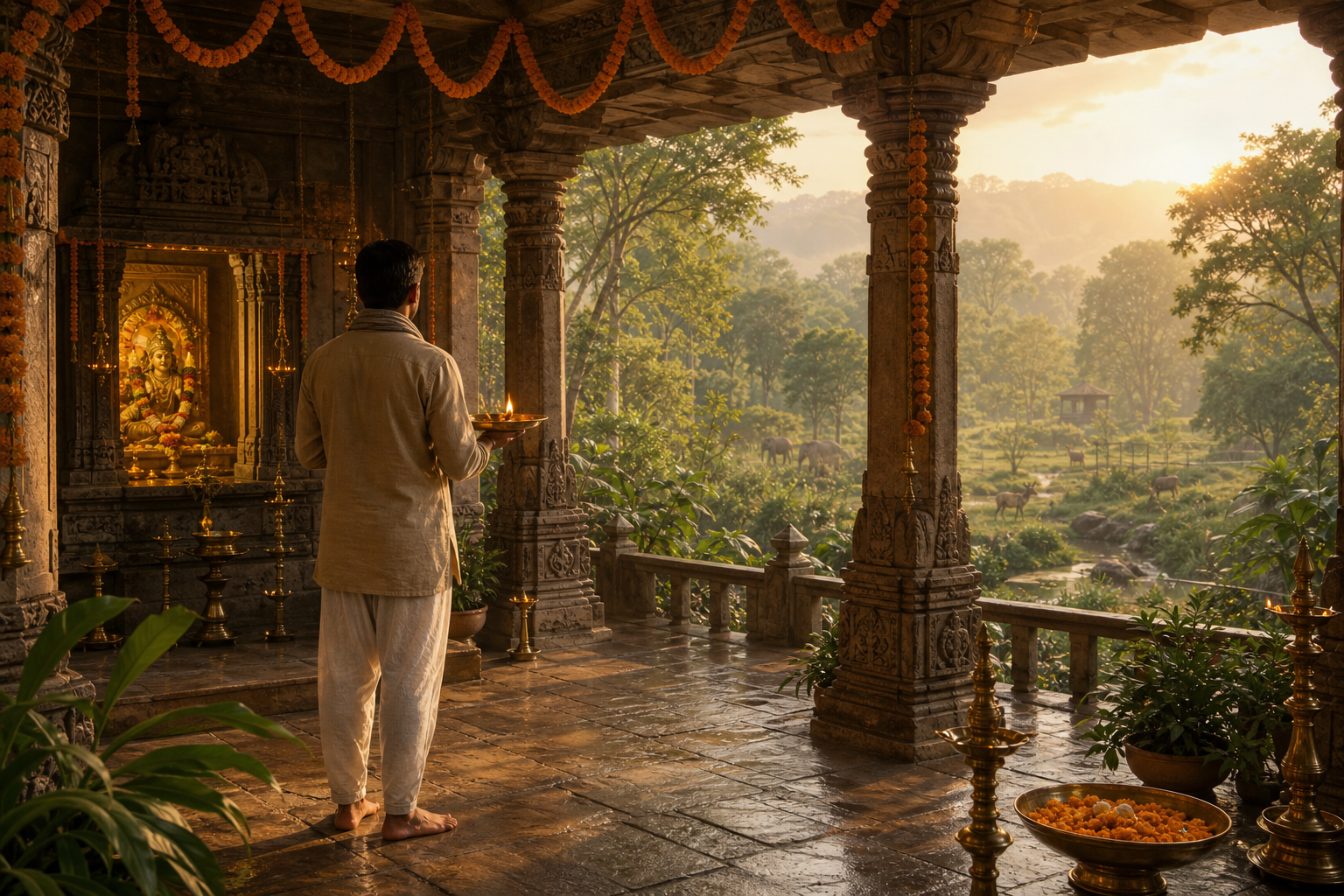 A barefoot male guest holds a lit brass aarti tray inside a Hindu temple pavilion surrounded by greenery and wildlife habitats.