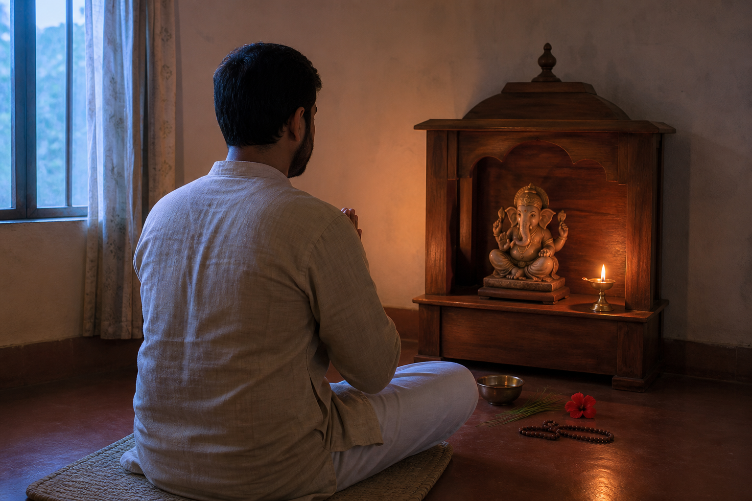 A devotee seated before a simple home shrine with a right-trunk Ganesha murti, an oil lamp, water, durva grass, a flower, and prayer beads.