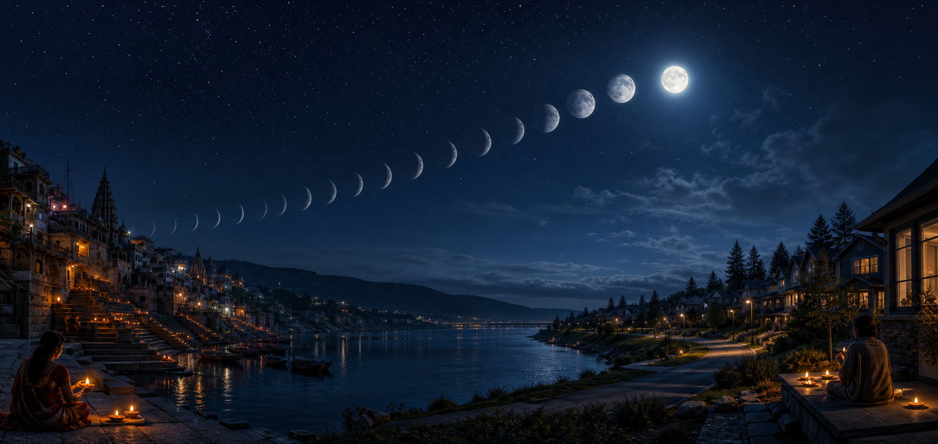 The moon appears over an Indian riverside town and a Canadian neighborhood beneath one continuous night sky.