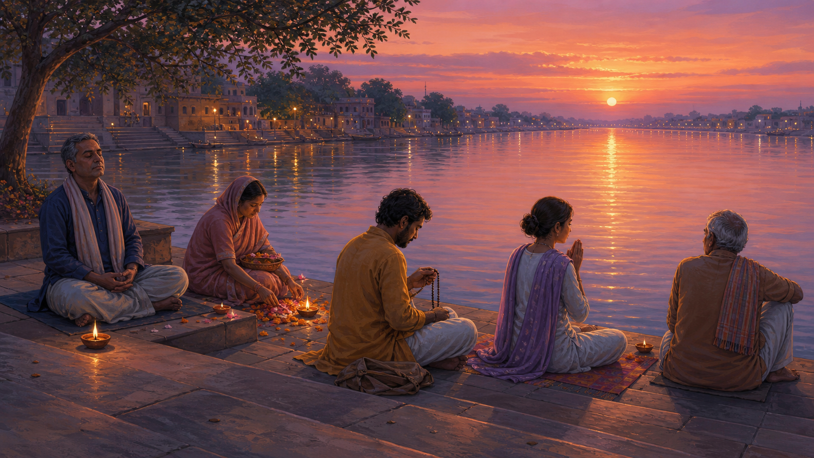 People using different devotional and contemplative gestures share riverside steps as sunset light reflects across the water.