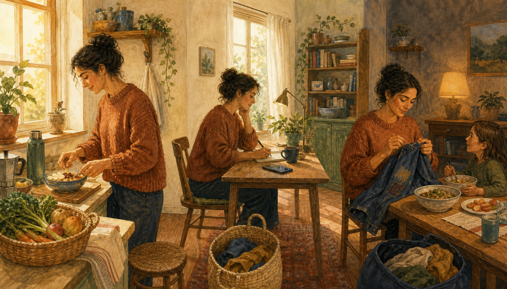 Three connected moments show an adult preparing a simple breakfast, working at an uncluttered desk, and later sharing food while mending a garment.
