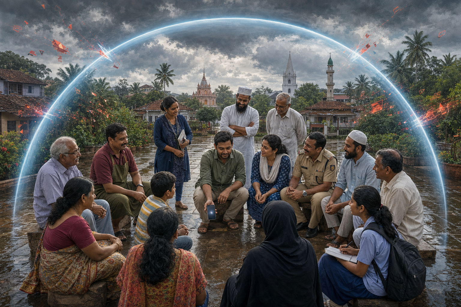 Diverse Mangaluru residents form a protective circle as a glowing barrier stops abstract digital rumor fragments from reaching their neighborhood.