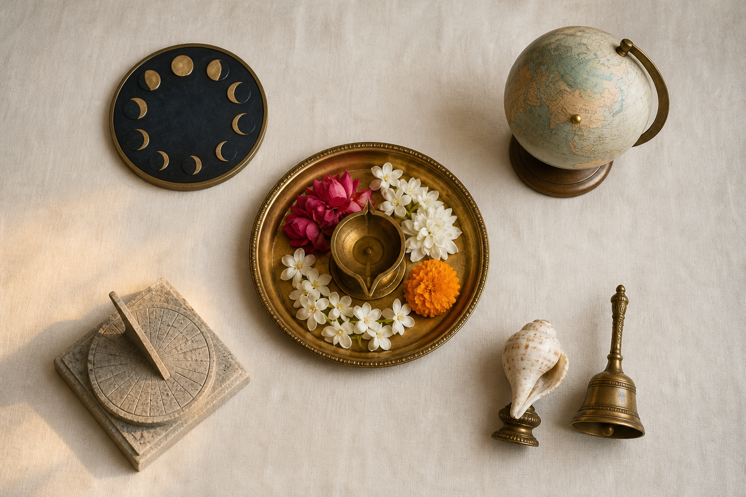 Five objects surround a puja plate: a lunar disk, globe, sundial, and ritual items representing the checks used to time an observance.
