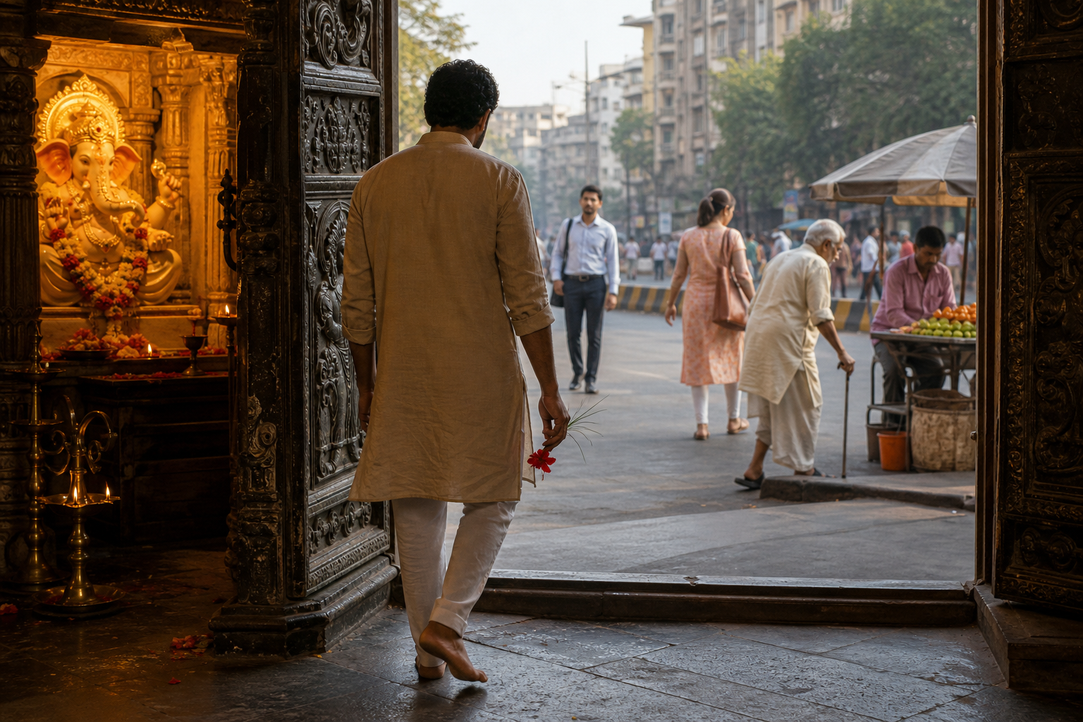 A devotee pauses at a temple threshold with a flower and durva grass before stepping into a busy morning street.