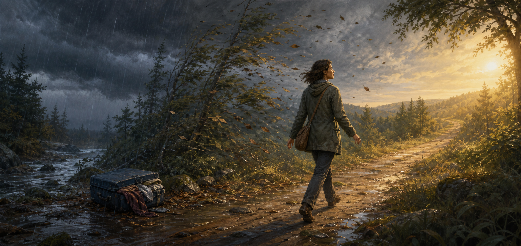 An adult walks steadily along a woodland path through rain, wind, and sunlight after leaving an overfilled suitcase beside the trail.