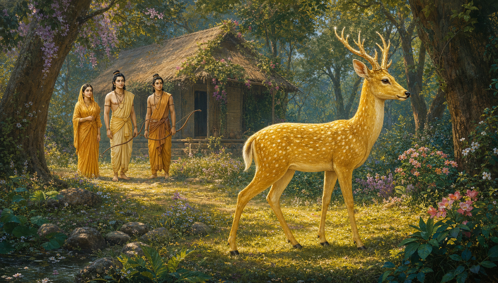 A single-headed golden deer stands in a forest clearing while Sita, Rama, and Lakshmana watch from beside a leaf-thatched hermitage.