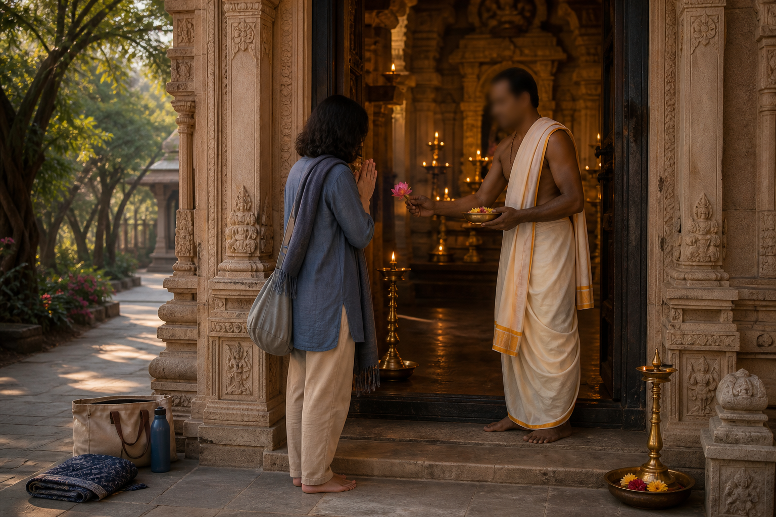 An anonymous visitor joins his palms at a temple entrance while a priest offers him a flower beside glowing oil lamps.