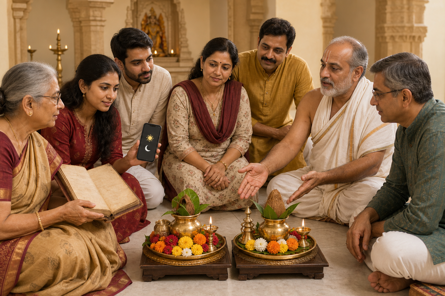 A family and a temple priest calmly compare an almanac, a phone, and two puja arrangements in a community room.