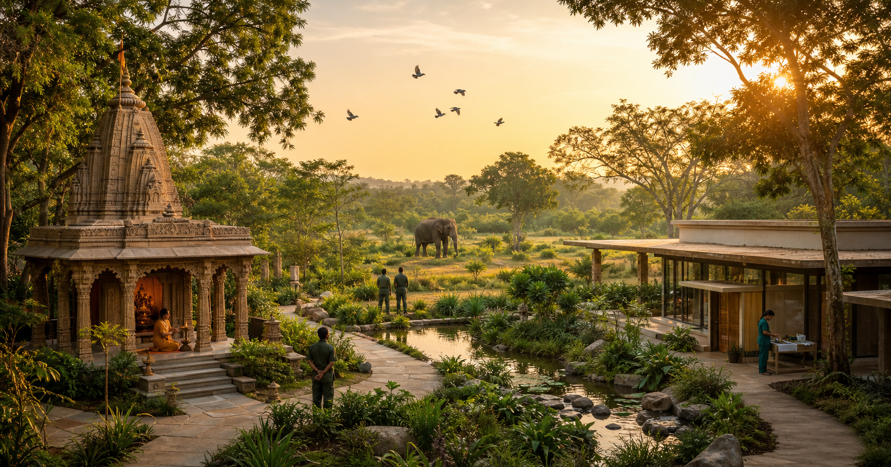 A Hindu temple stands within a green wildlife conservation campus where animal-care workers tend to a rescued elephant.