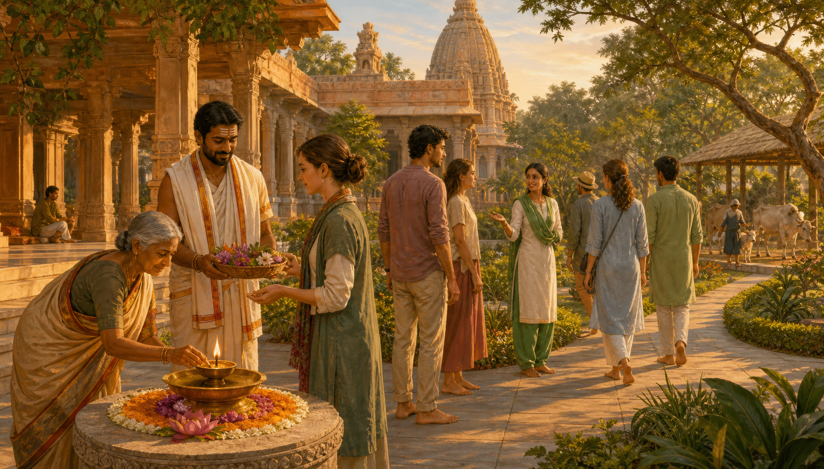 Indian hosts welcome a diverse group of visitors in a temple courtyard beside gardens leading toward an animal-care sanctuary.
