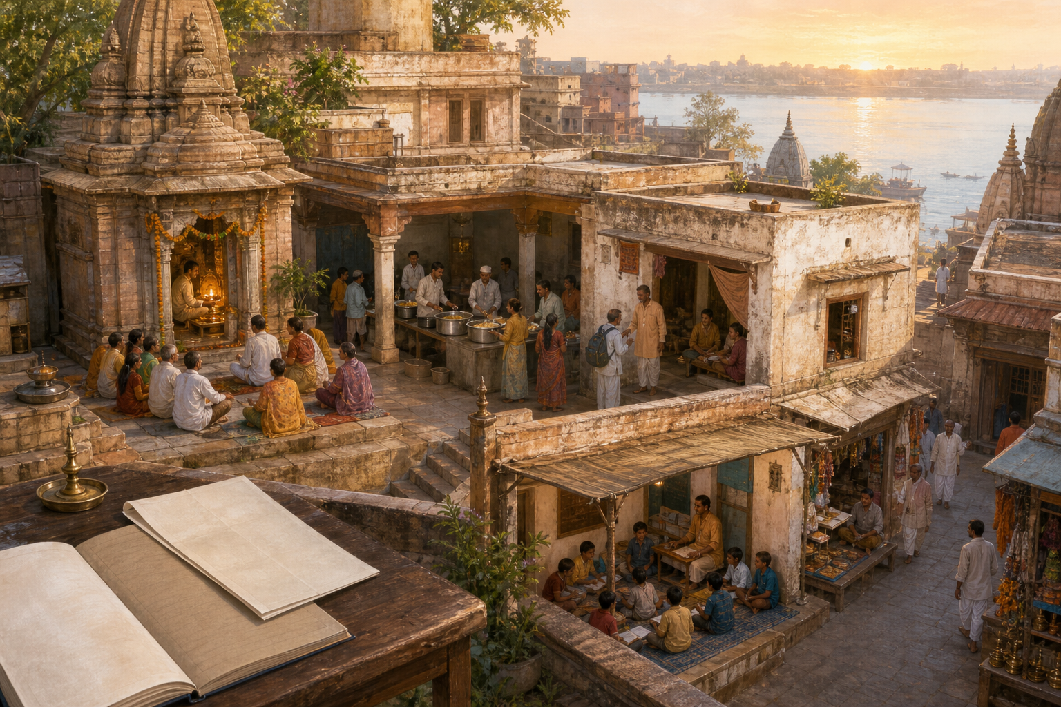 A Varanasi temple compound contains a sanctum, communal kitchen, pilgrim rooms, classroom and street-facing shops, with blank administrative papers in the foreground.