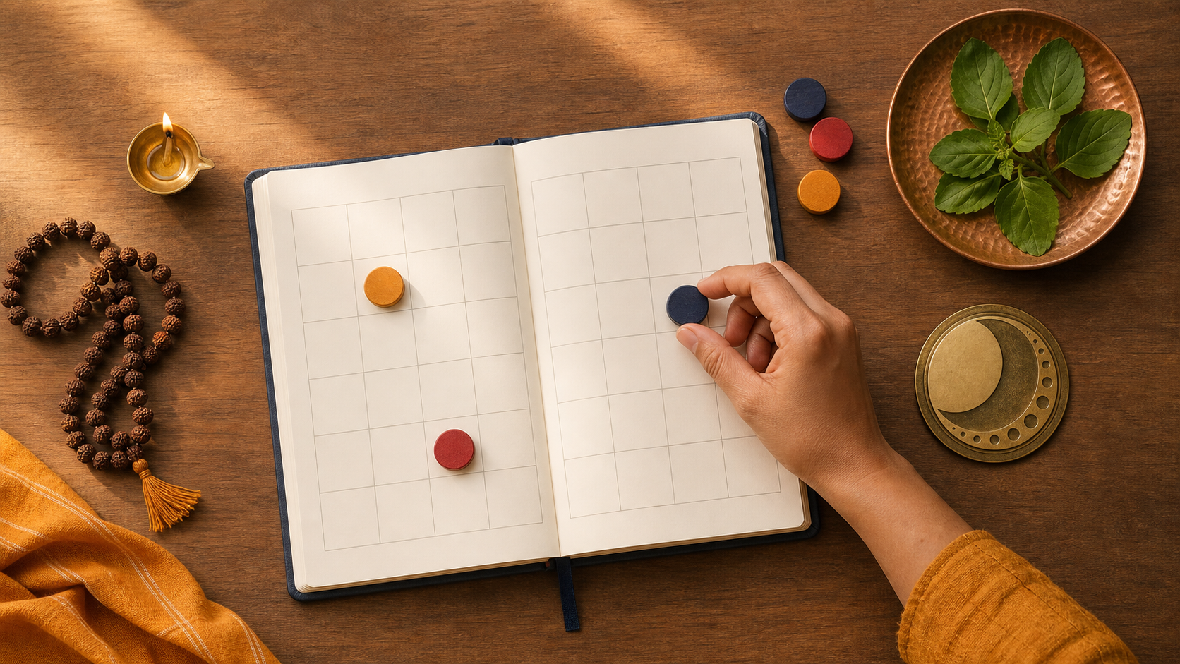 An open blank planner with colored date markers, a brass oil lamp, prayer beads, tulsi leaves, and a hand placing a marker on the page.