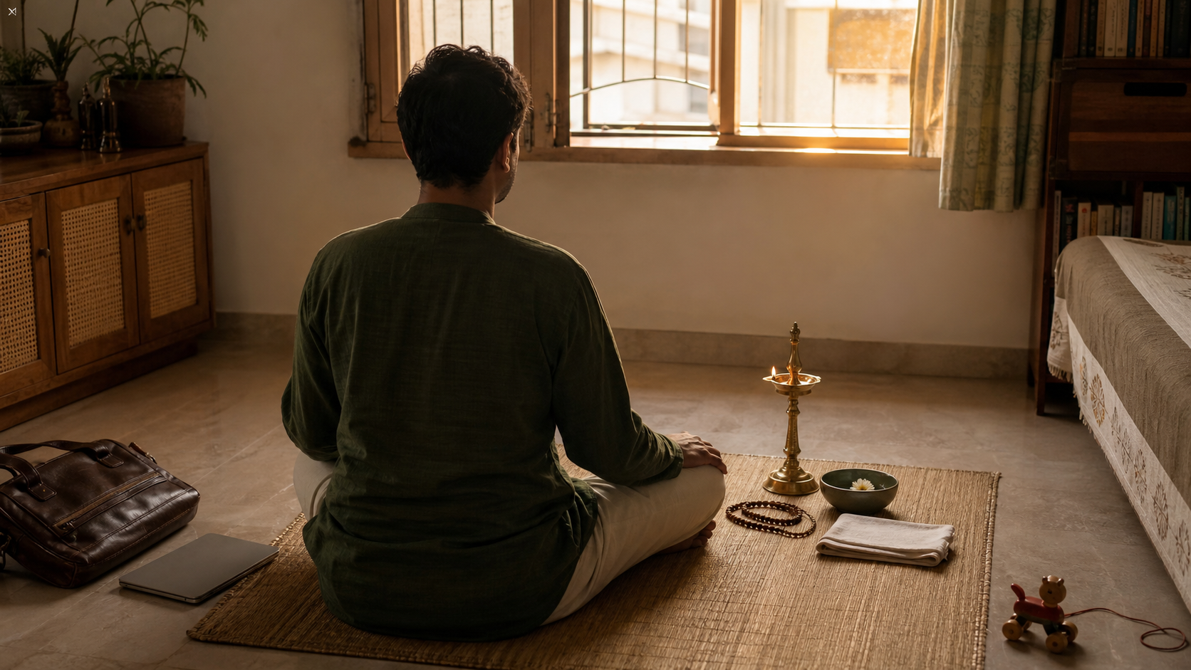 An adult sits on a woven mat at dawn facing a small home practice corner with an oil lamp, flower, prayer beads, and folded cloth, while everyday household objects remain nearby.