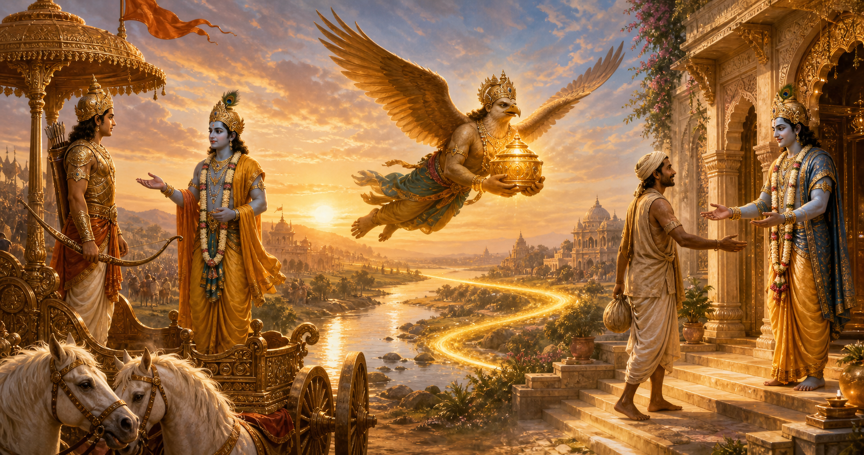 Arjuna receiving counsel from Krishna, Garuda carrying a covered vessel, and Sudama greeting Krishna in three connected sacred scenes.