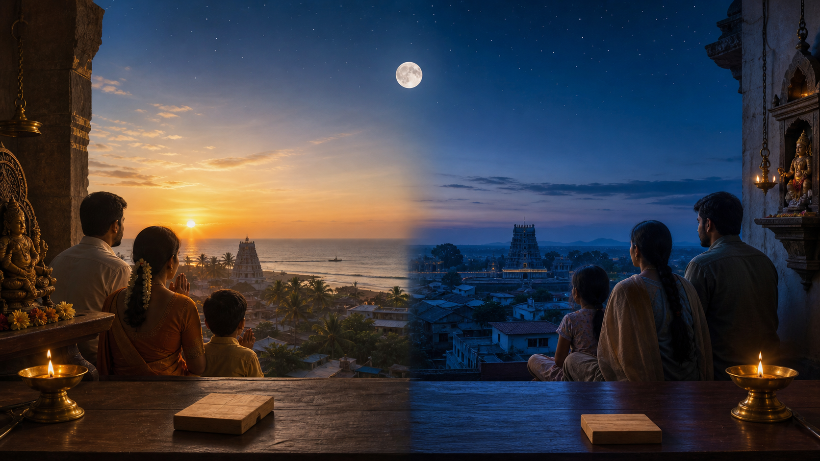 Three Indian home terraces in coastal, plains, and hill settings receive dawn light at different stages beneath a faint crescent moon.