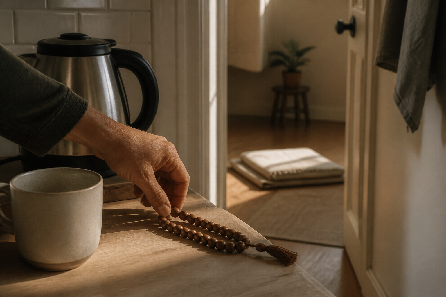 Morning light falls across a prepared meditation cushion with wooden prayer beads and a steaming cup nearby.
