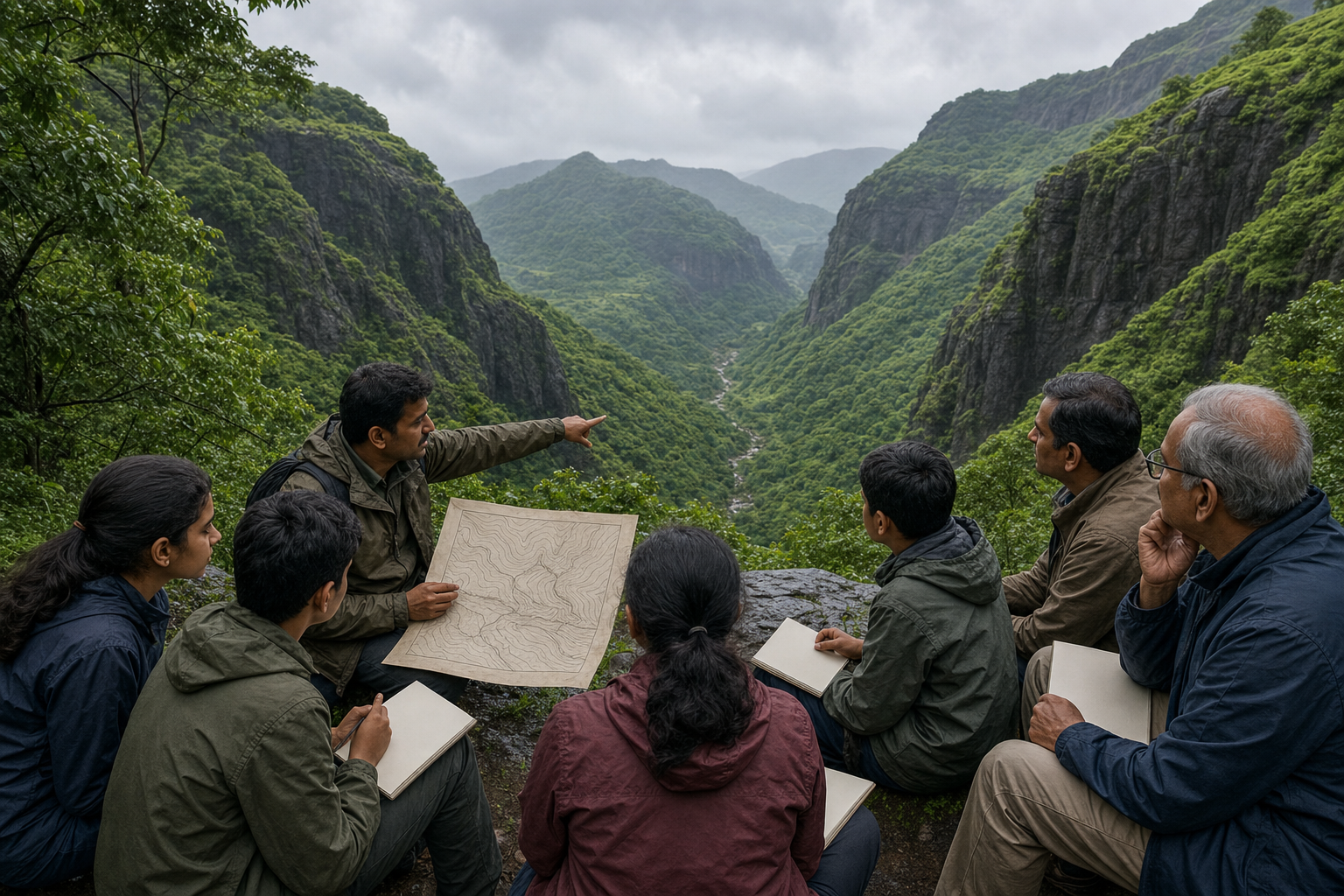 A guide explains the terrain of Pawankhind to a small group overlooking the narrow green mountain pass.