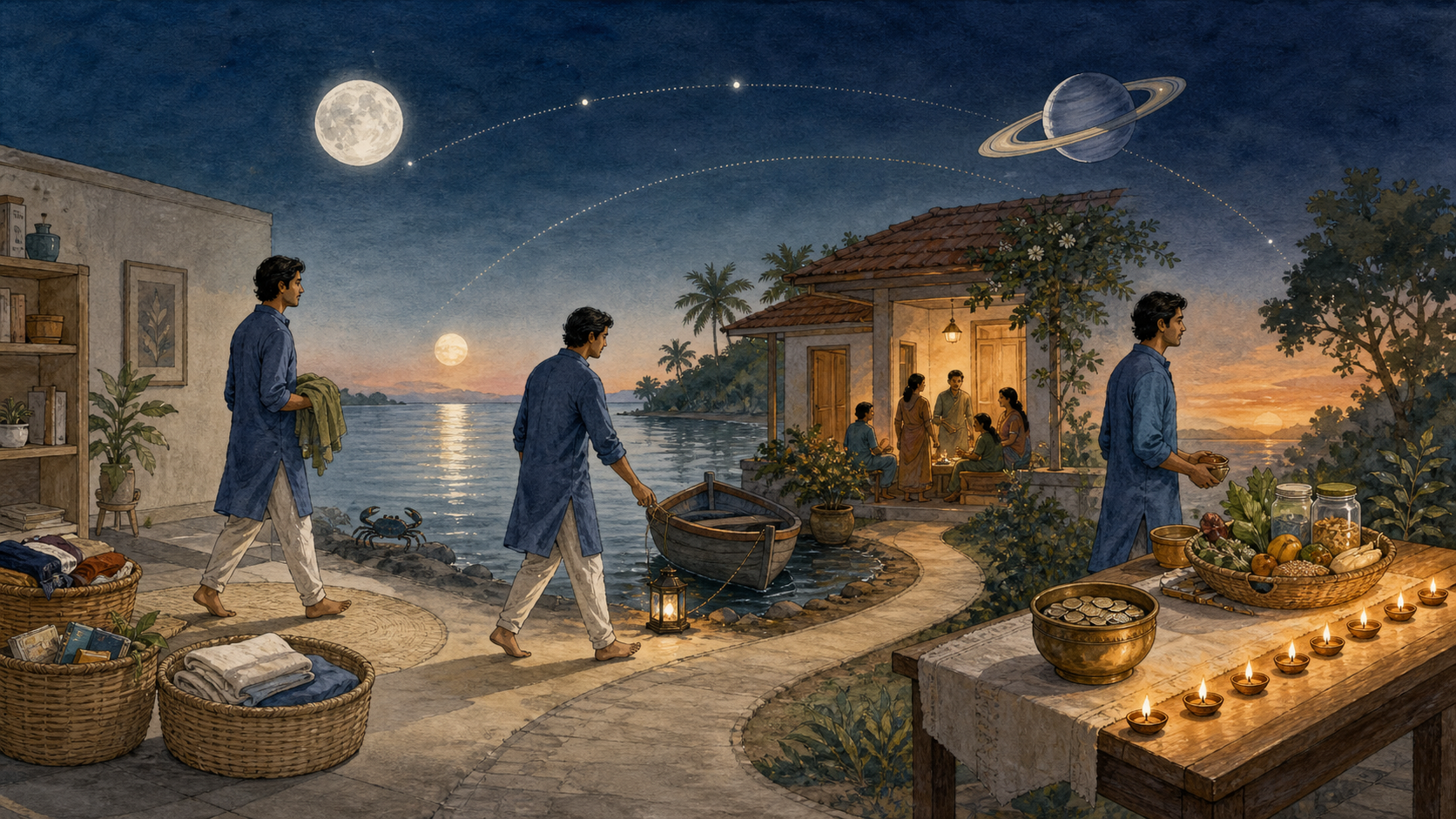 An Indian adult follows a three-part path through scenes of simplifying possessions, tending to home and family, and organizing household resources beneath the Moon and Saturn.