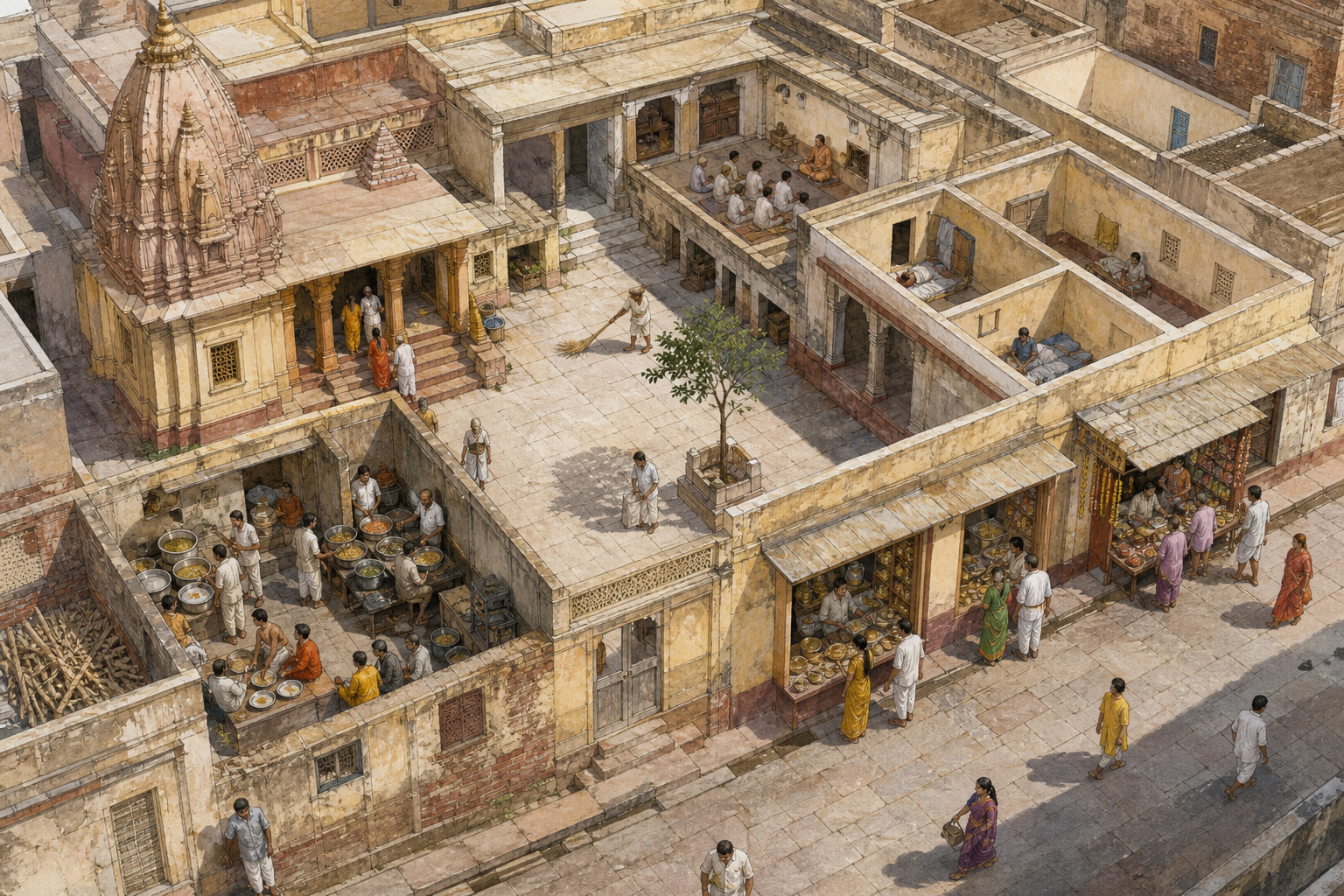 An isometric cutaway separates a temple property into worship, food service, administration, caretaker housing, and street-facing shop areas.