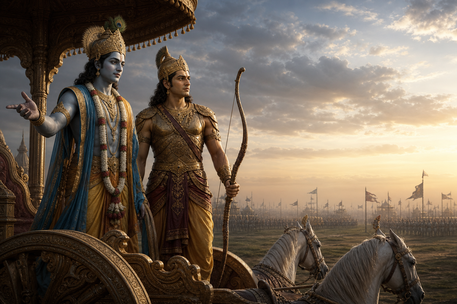 A continuous tableau shows Krishna counseling a hesitant Arjuna, Krishna greeting Sudama as an equal, and Garuda freeing his mother Vinata.