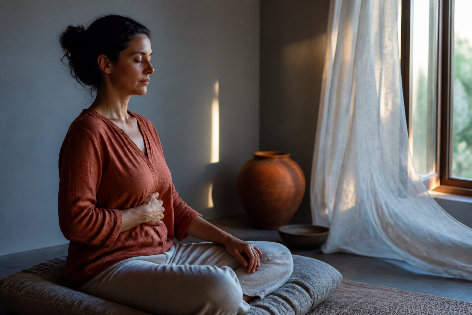 A seated person rests one hand over the lower ribs while taking a relaxed breath beside a softly moving curtain.