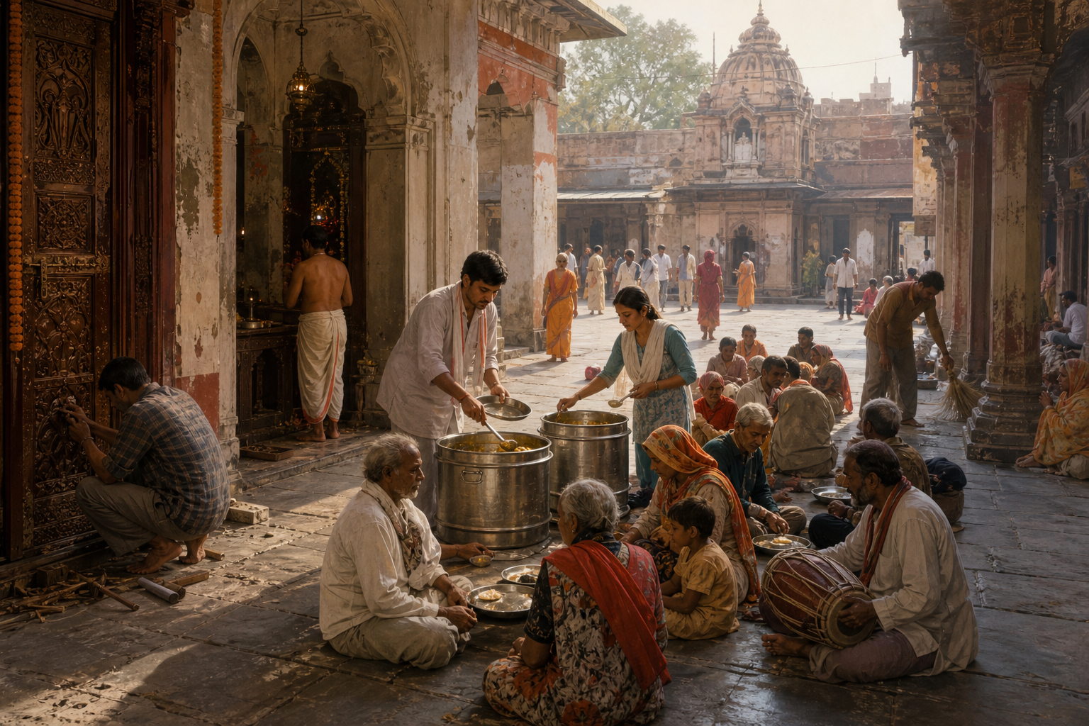 Devotees, meal-service volunteers, a caretaker, and neighborhood visitors share the courtyard of a Varanasi temple while an unmarked deed folder sits nearby.