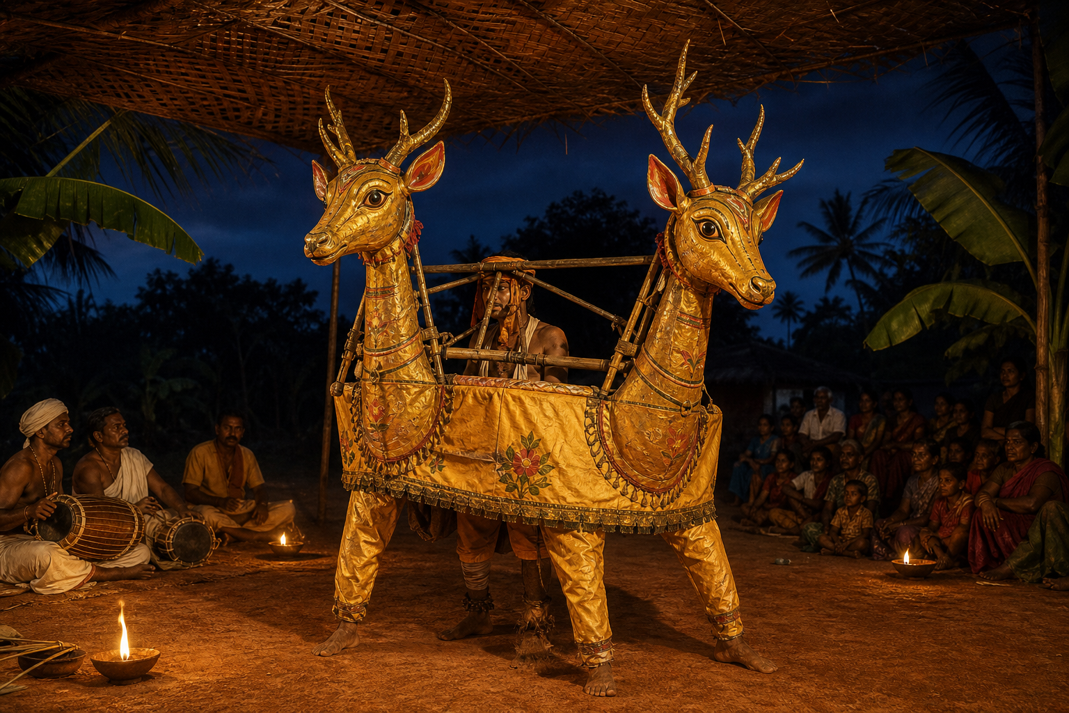 A performer animates a handcrafted two-headed golden deer in a lamplit South Indian village courtyard as musicians and spectators look on.