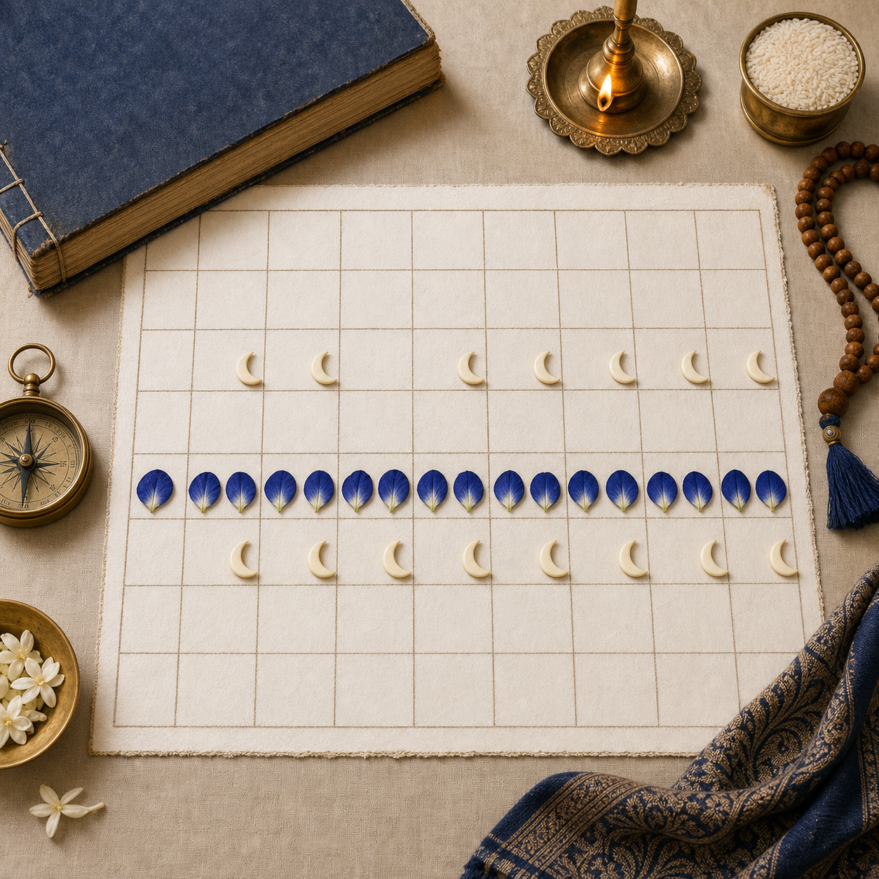 A blank annual planner uses crescent-shaped tokens for recurring fasts and blue petal markers for an extended sacred month.