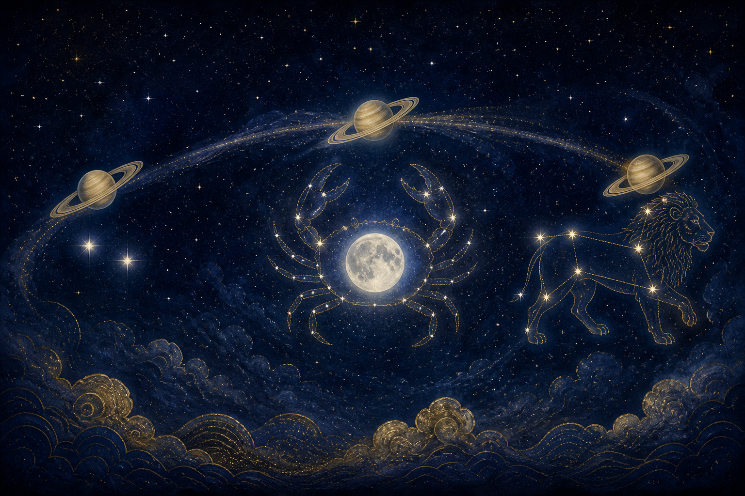 A ringed Saturn appears in three positions along a celestial arc passing twin, crab-shaped, and lion-shaped star patterns around a glowing Moon.